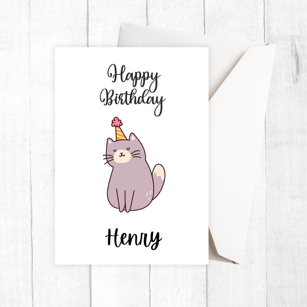 Happy Birthday personalised card with a purple cat wearing a party hat on a white background