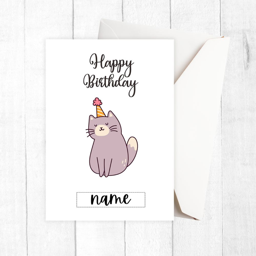 Happy Birthday peersonalised card with a purple cat wearing a party hat on a white background