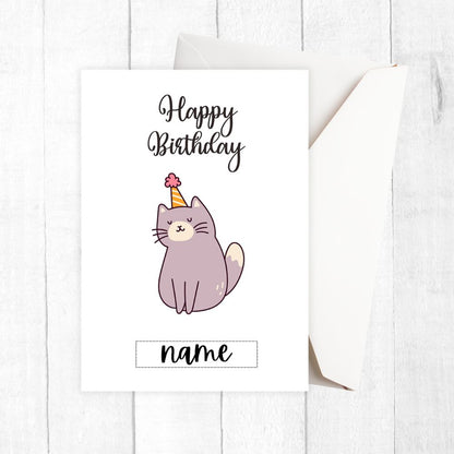 Happy Birthday peersonalised card with a purple cat wearing a party hat on a white background