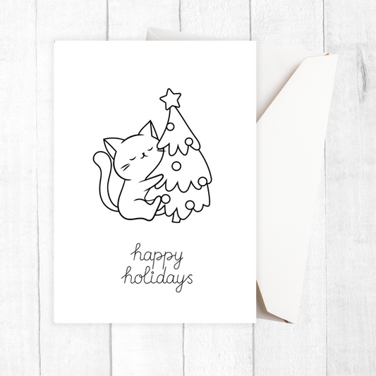 Black and white illustration of a cat with a Christmas tree and 'happy holidays' text on a white background.Cat Happy Holidays Christmas card
