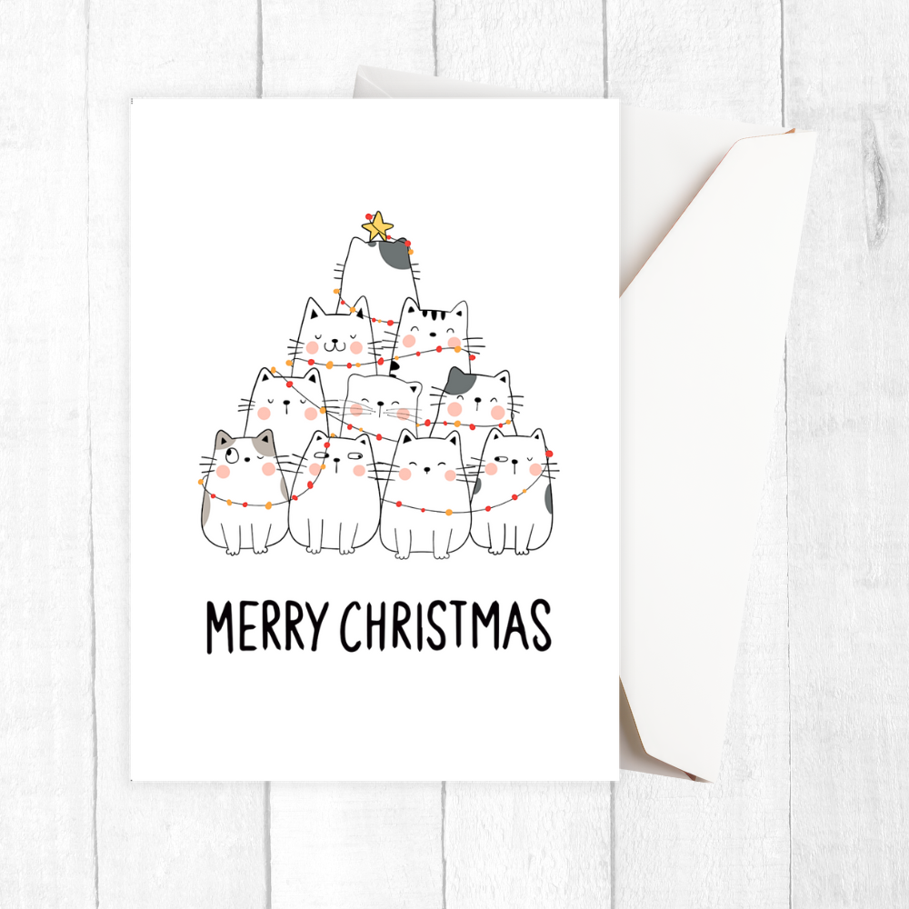 Christmas card with cats shaped like a Christmas tree on a white background. Cat Tree Christmas Card