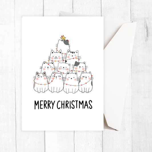 Christmas card with cats shaped like a Christmas tree on a white background. Cat Tree Christmas Card