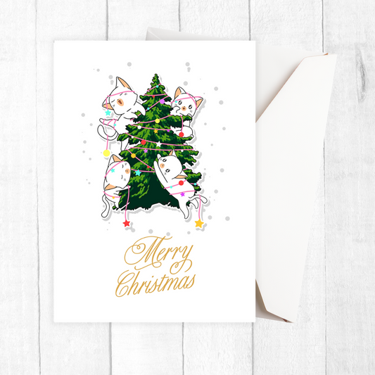 Christmas card with cartoon cats on a tree and 'Merry Christmas' text on a white background. Cat Tree II Christmas Card