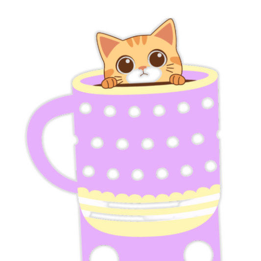 Cartoon cat peeking out from a purple polka dot mug on a white background. Cat in the mug Bookmark