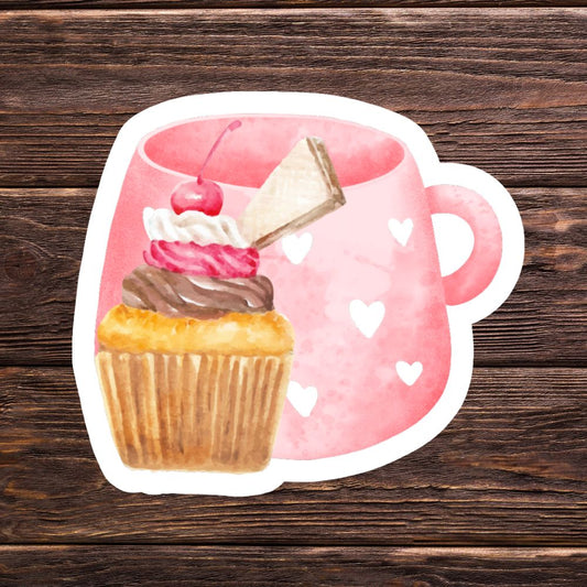Illustration of a pink mug with a cupcake and cherry on top on a wooden background. Cherry Cupcake Sticker