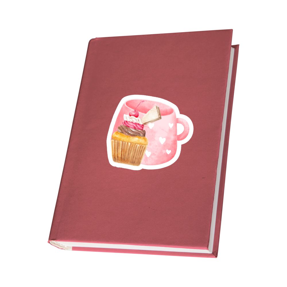 Red notebook with a cupcake and pink mug sticker on a white background. Cherry Cupcake Sticker