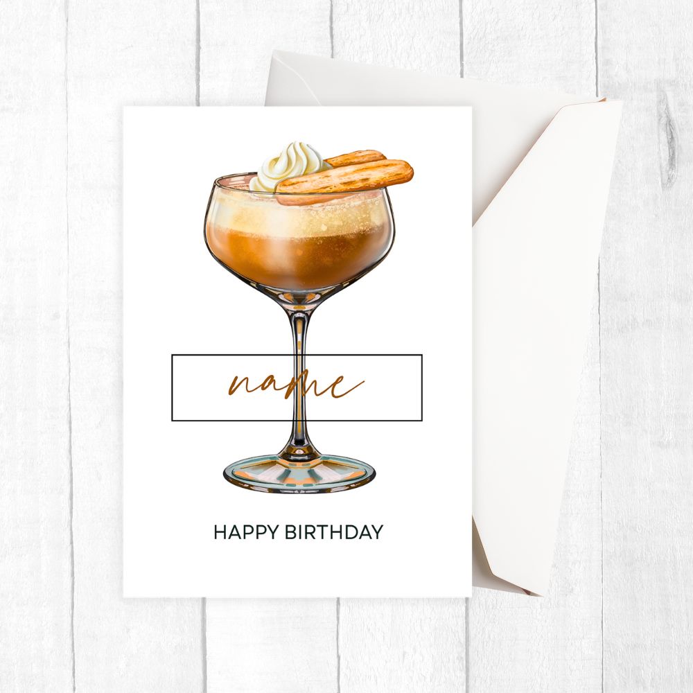 Birthday card with a glass of dessert on a white background. Choco Cocktail Birthday Personalised Card