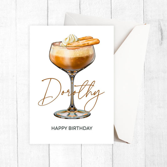 Personalised Greeting card with a dessert illustration and 'Happy Birthday' text on a white background