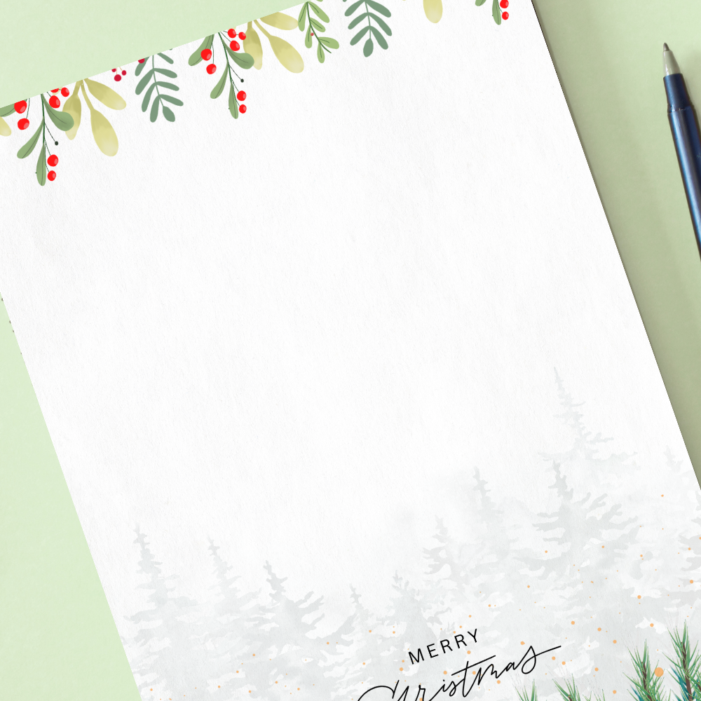 Christmas-themed notepad with decorative border and 'Merry Christmas' text on a green background. Christmas Forest Notepad A6