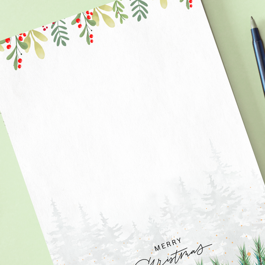 Christmas-themed notepad with decorative border and 'Merry Christmas' text on a green background. Christmas Forest Notepad A6
