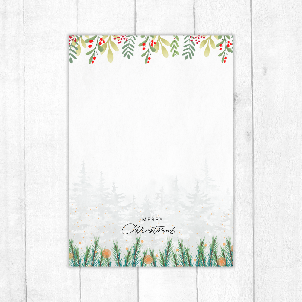 Christmas card with festive border and 'Merry Christmas' text on a white wooden background. Christmas Forest Notepad A6
