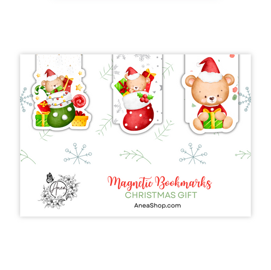 Set of three Christmas-themed bookmarks with bears and presents on a white background. Christmas Gift Magnetic Bookmark 