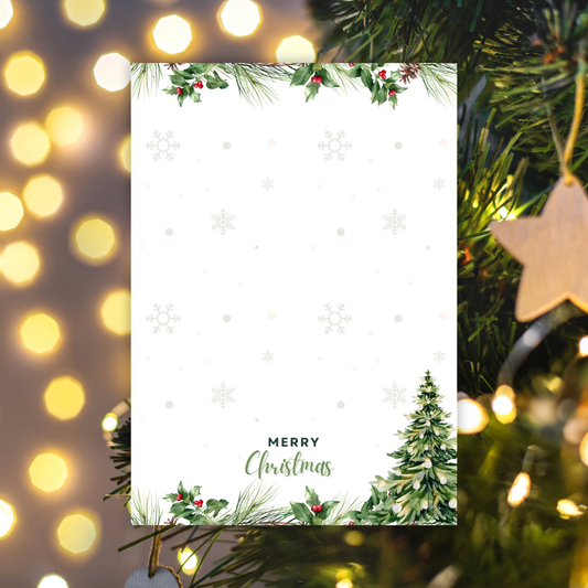 Christmas card with tree and 'Merry Christmas' text, surrounded by festive lights and decorations. Christmas Tree Notepad A6