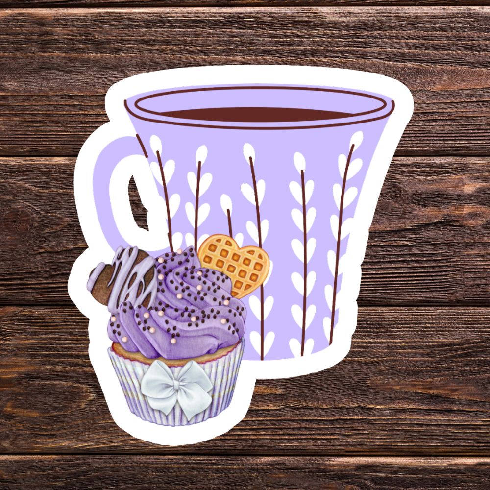 Sticker of a purple cup with a cupcake and waffle on a wooden background. Coffee and Blueberry Cupcake Sticker
