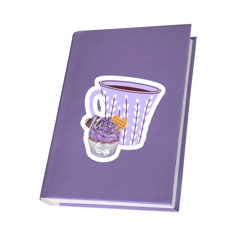 Purple notebook with a sticker of a cup and dessert on a white background. Coffee and Blueberry Cupcake Sticker