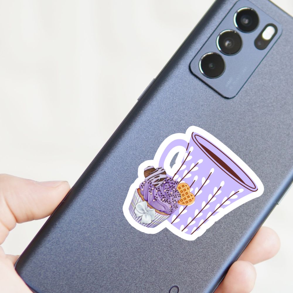 Phone case with a purple coffee cup and cake sticker on a white background. Coffee and Blueberry Cupcake Sticker