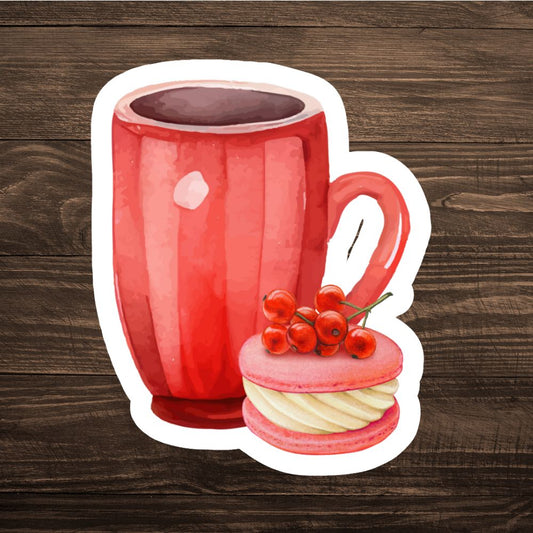 Illustration of a red mug with a dessert on a wooden background. Coffee with Cranberry Cake Sticker.