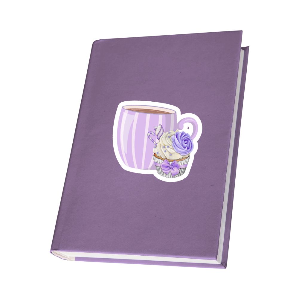 Purple notebook with a cup and cake illustration on a white background. Coffee with Creamy Lilac Cupcake Sticker
