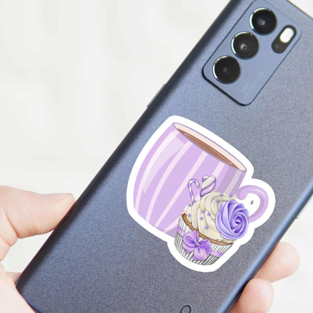 Phone case with a purple cup and flower design held by a hand. Coffee with Creamy Lilac Cupcake Sticker