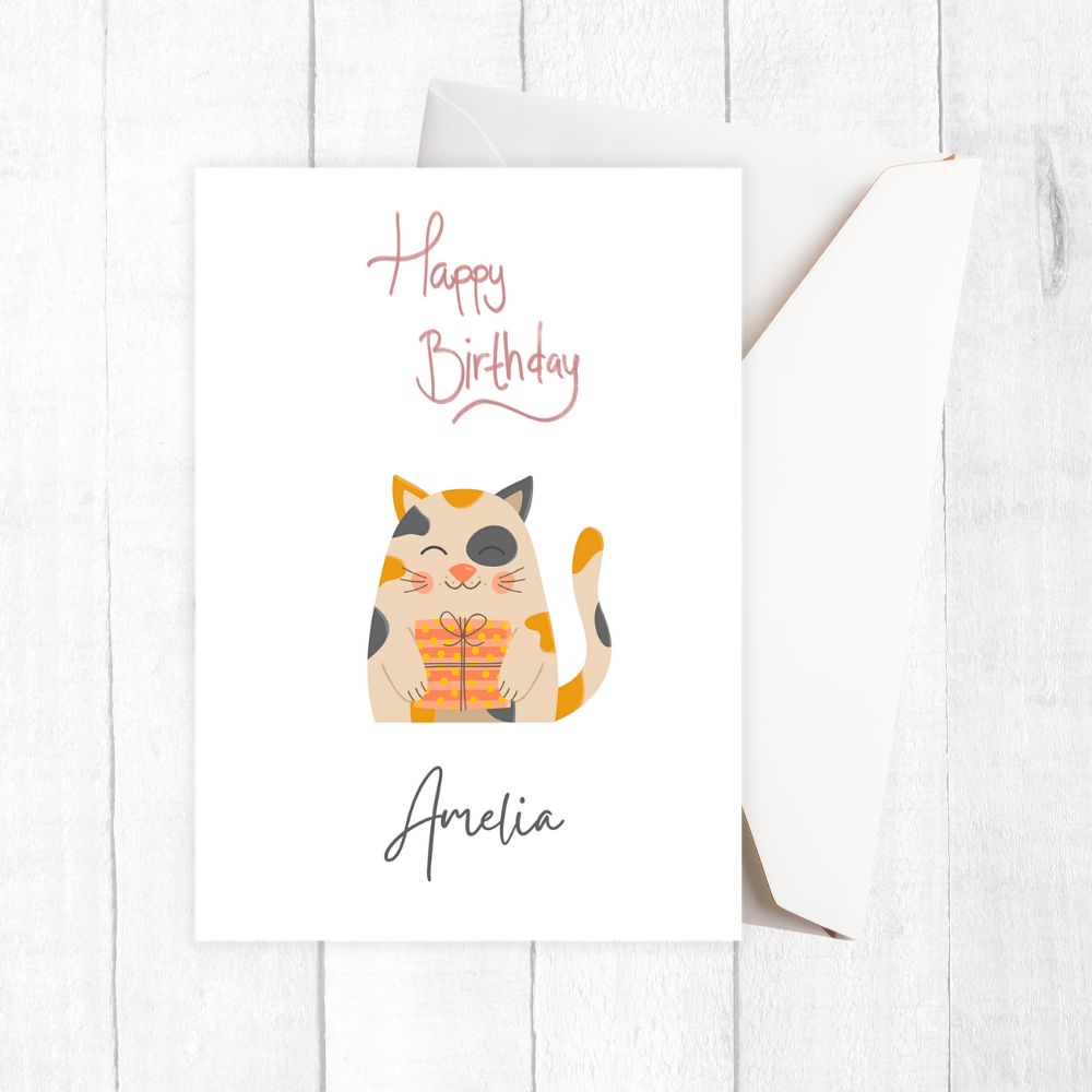 Birthday card with a cat illustration and 'Happy Birthday' text on a white background. Cream Cat Birthday Personalised Card