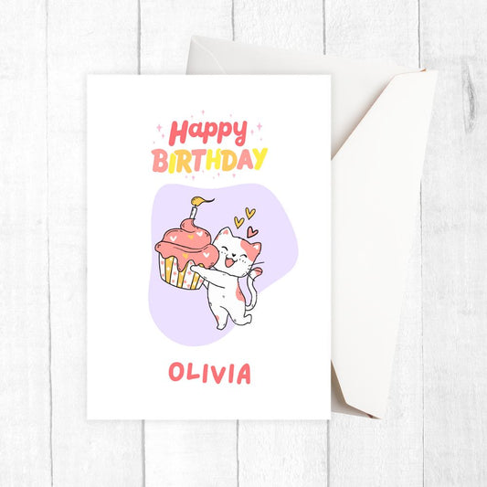 Birthday card with a cat holding a cupcake and 'Happy Birthday Olivia' text on a white background. Cupcake Cat Birthday Personalised Card