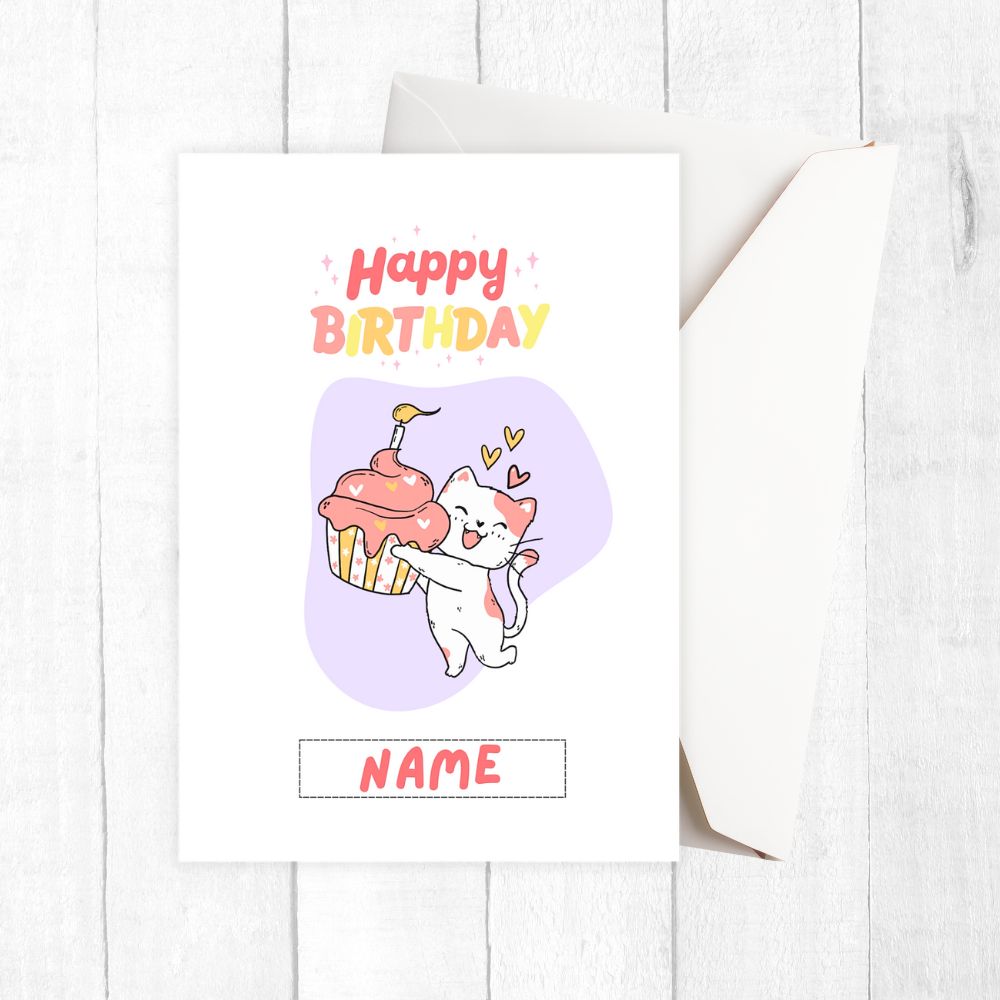 Birthday card with a cat holding a cupcake and 'Happy Birthday' text on a white background. Cupcake Cat Birthday Personalised Card