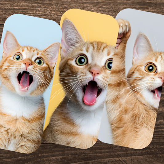 Three cat slippers with a surprised cat face design on a wooden floor. Cute Cats Oval Bookmark Set