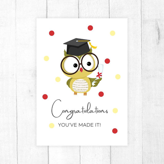 Congratulations graduation card with owl illustration by ANEA, wholesale pack. Cute Owl Congratulations Graduation Card