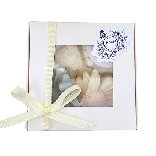 Gift box with a ribbon and a decorative sticker on a white background. DAISY WAX MELTS GIFT BOX