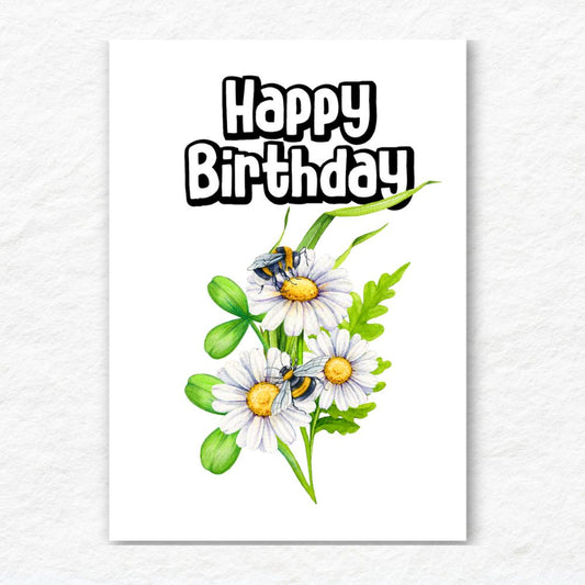 Happy Birthday card with daisies and bees on a white background. Daisy & Bee Happy Birthday Card