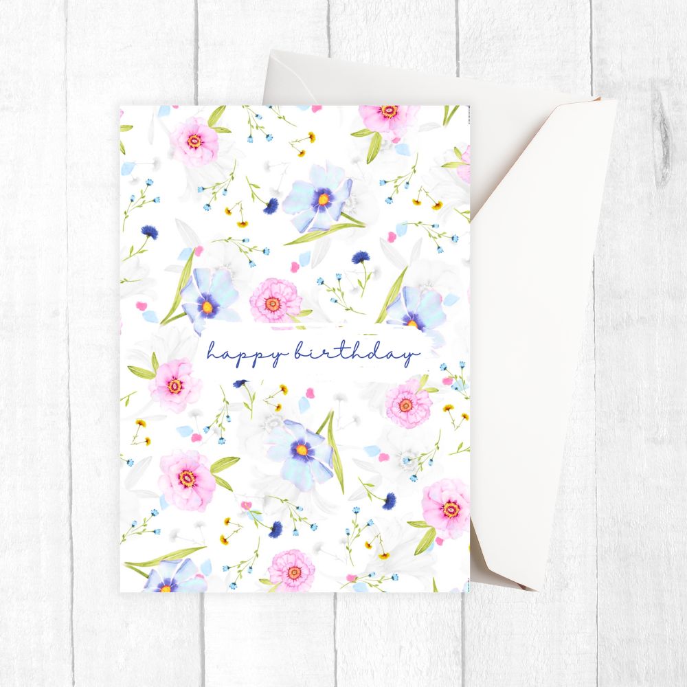 Floral birthday card with 'happy birthday' text on a white background. Delicate Flowers Birthday Card