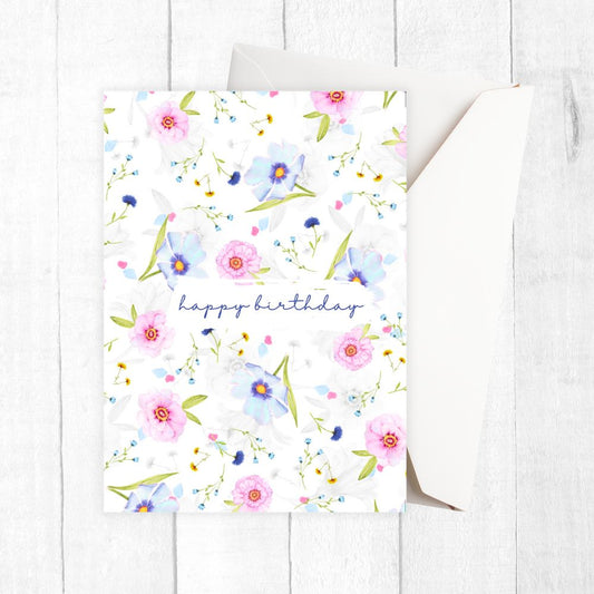 Floral birthday card with 'happy birthday' text on a white background. Delicate Flowers Birthday Card