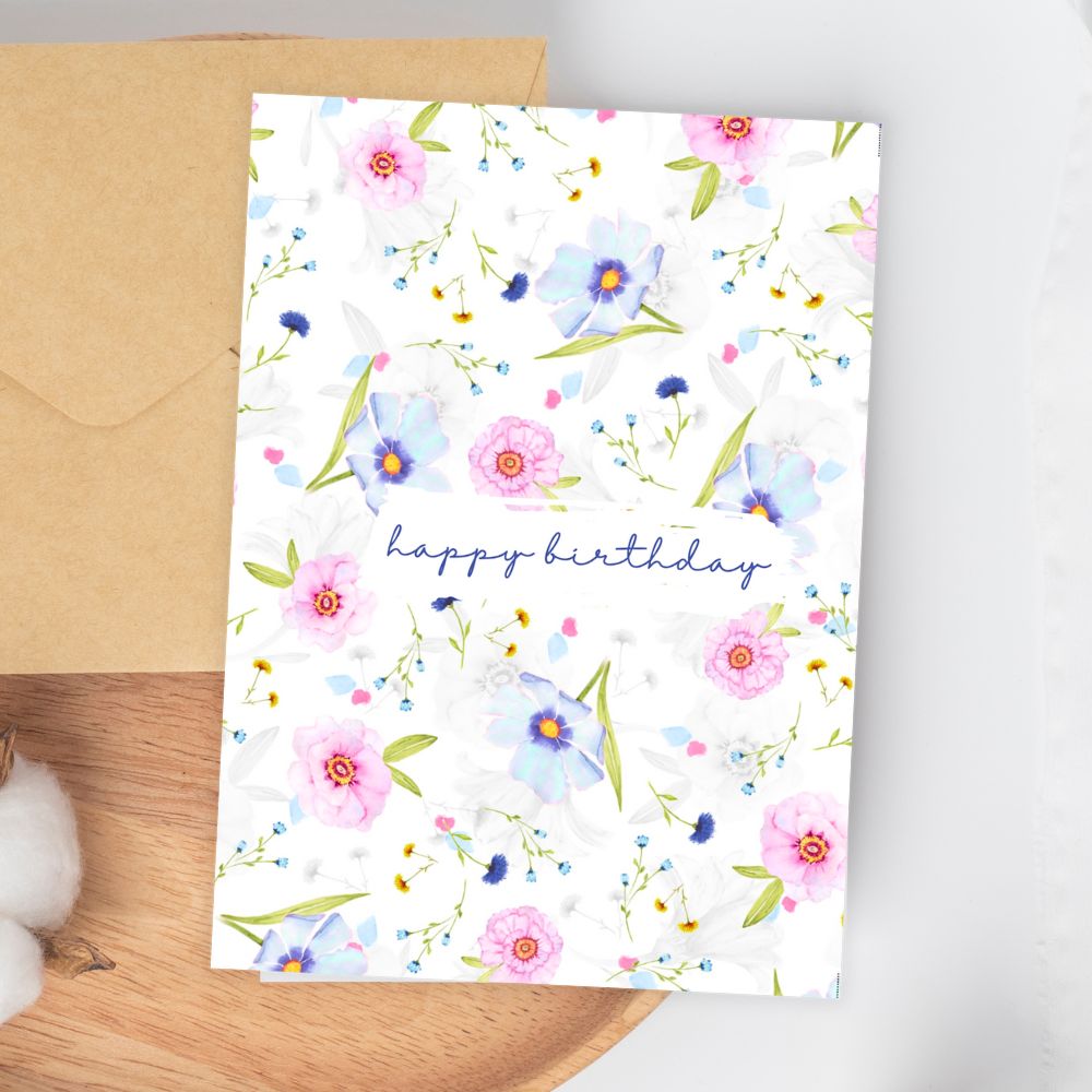 Floral birthday card with 'happy birthday' text on a white background. Delicate Flowers Birthday Card