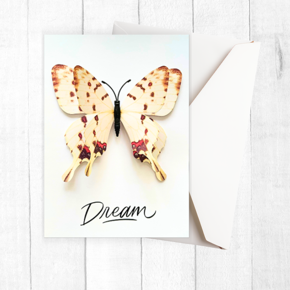 Greeting card with a butterfly design and the word 'Dream' on a white background. Dream 3D Greeting Card