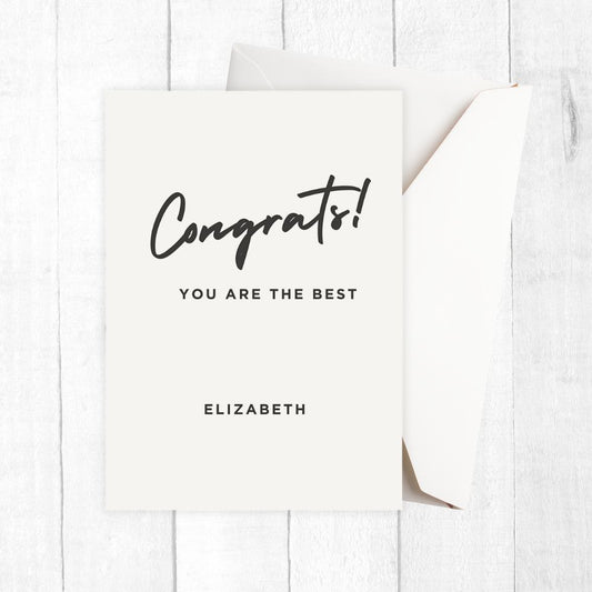 Greeting card with 'Congrats! You are the best' text on a white background. ELEGANT CONGRATULATIONS PERSONALISED CARD