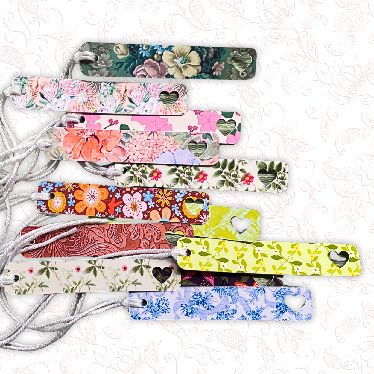Set of colorful floral-patterned bracelets on a white background. FLORAL SLIM GIFT TAG SET 1