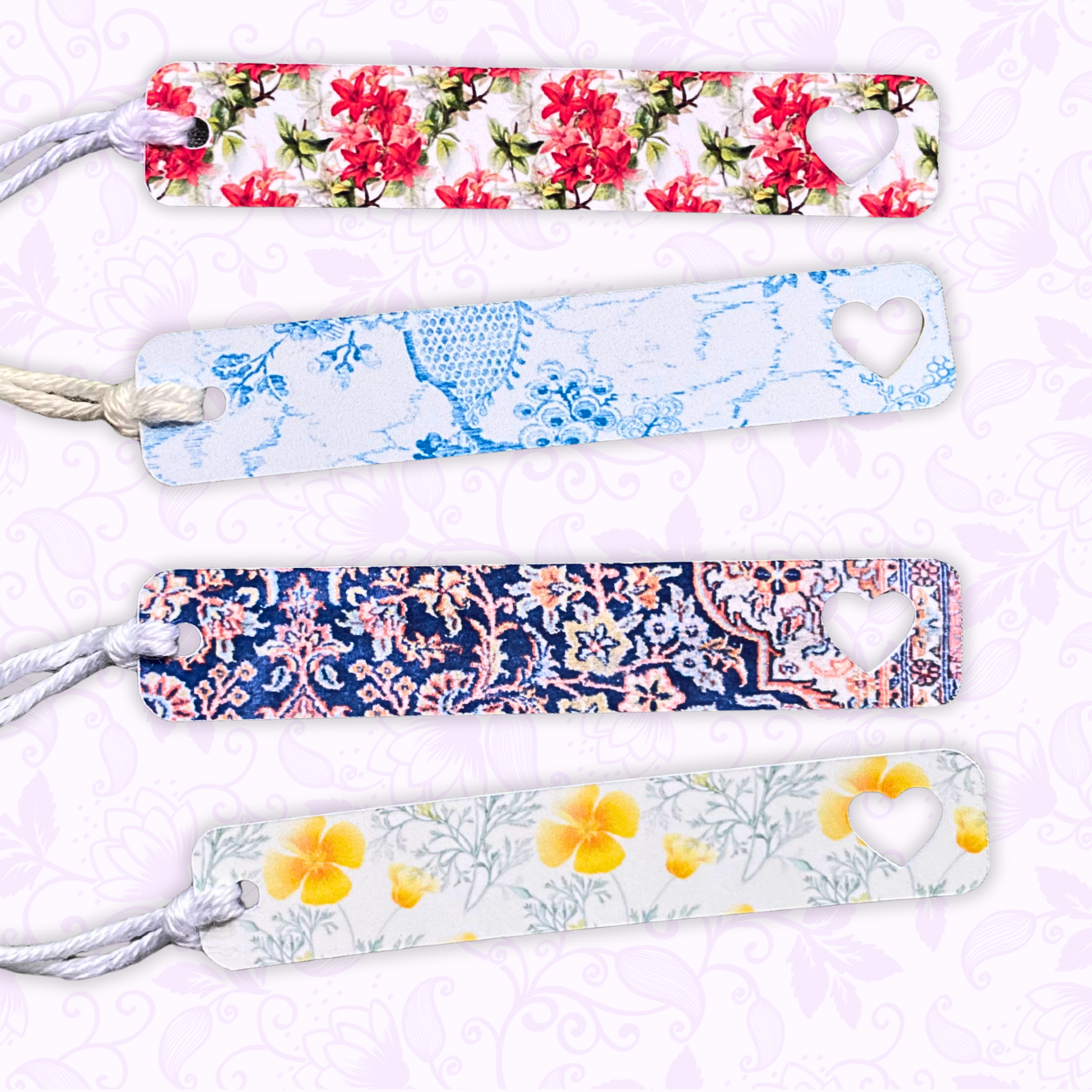 Set of four floral bookmarks with different patterns on a white background. FLORAL SLIM GIFT TAG SET 2