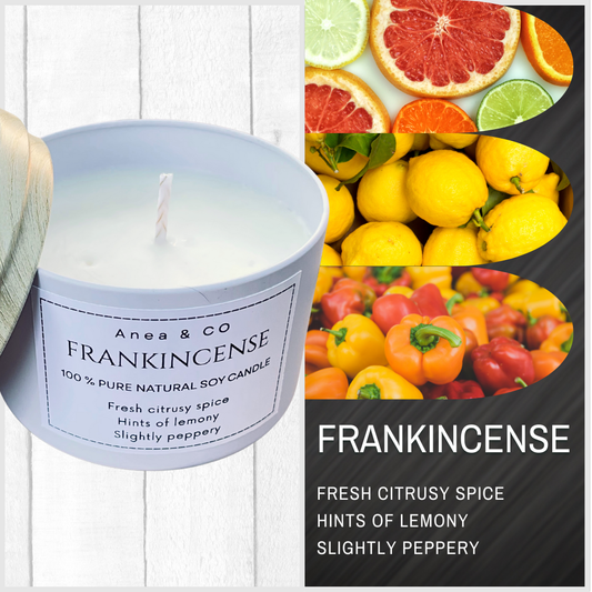Candle labeled 'Anea & Co Frankincense' with a side panel of citrus fruits and peppers.FRANKINCENSE NATURAL SOY CANDLE