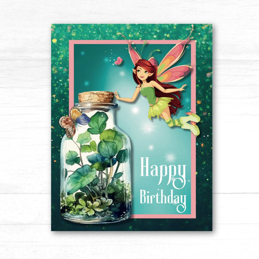 Birthday card with fairy and glass jar on a white background. Fairy Magical Happy Birthday Card