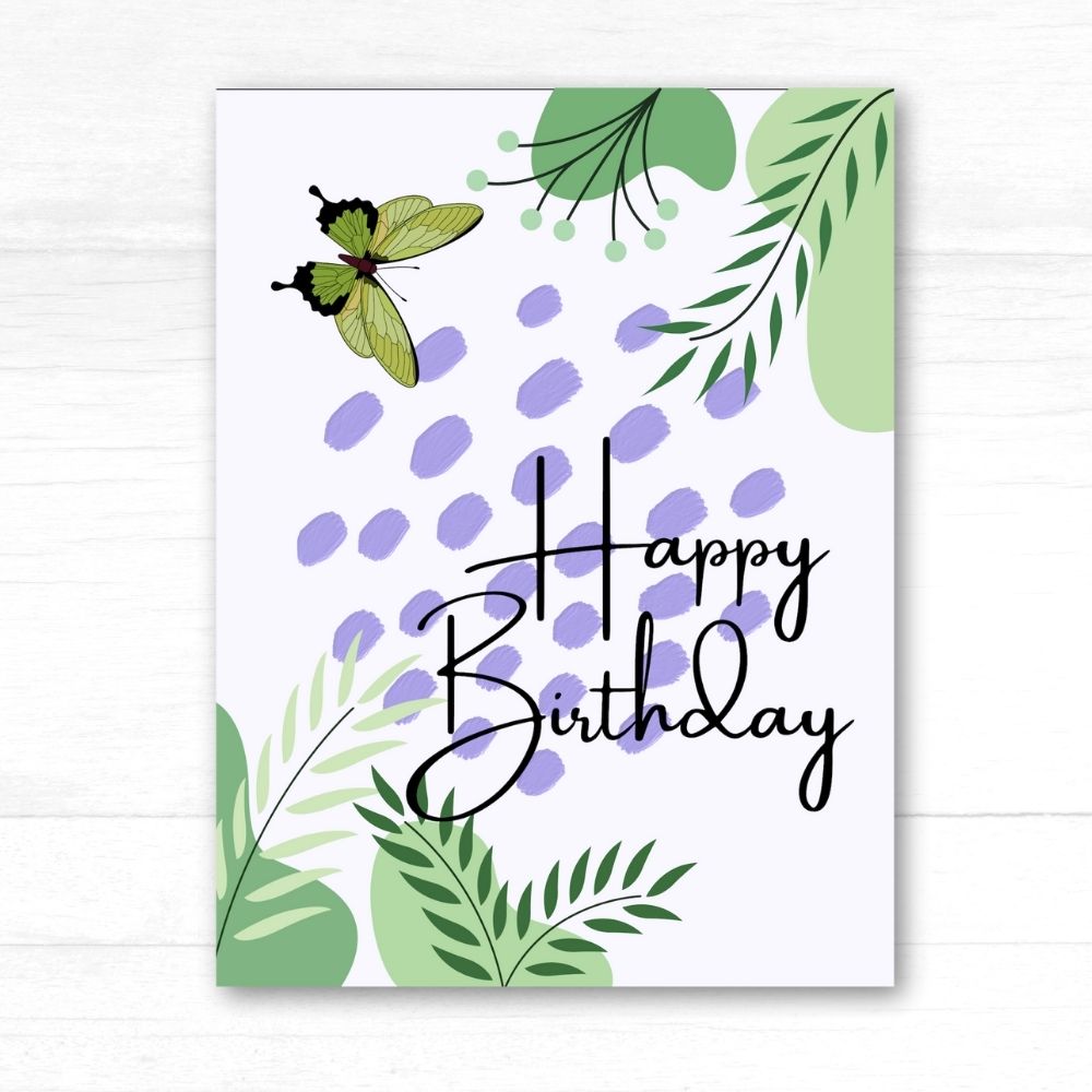 Birthday card with butterfly and leaves on a white background. Floral and Butterflies Happy Birthday Card