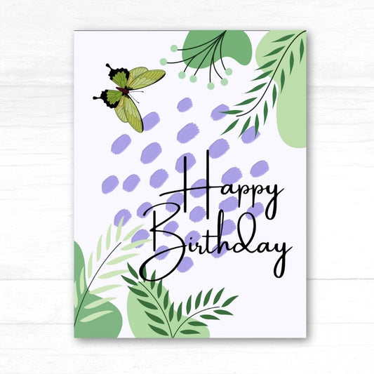 Birthday card with butterfly and leaves on a white background. Floral and Butterflies Happy Birthday Card