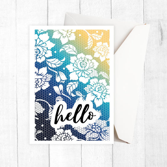 Greeting card with floral design and 'hello' text on a white background. Floral pattern Hello Greeting Card