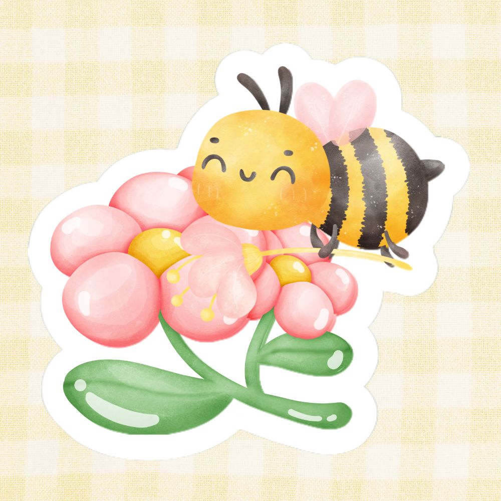 Cartoon bee on a pink flower with a light yellow background. Flower Bee Sticker