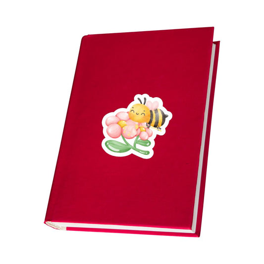 Red notebook with a bee and flower illustration on a white background. Flower Bee Sticker