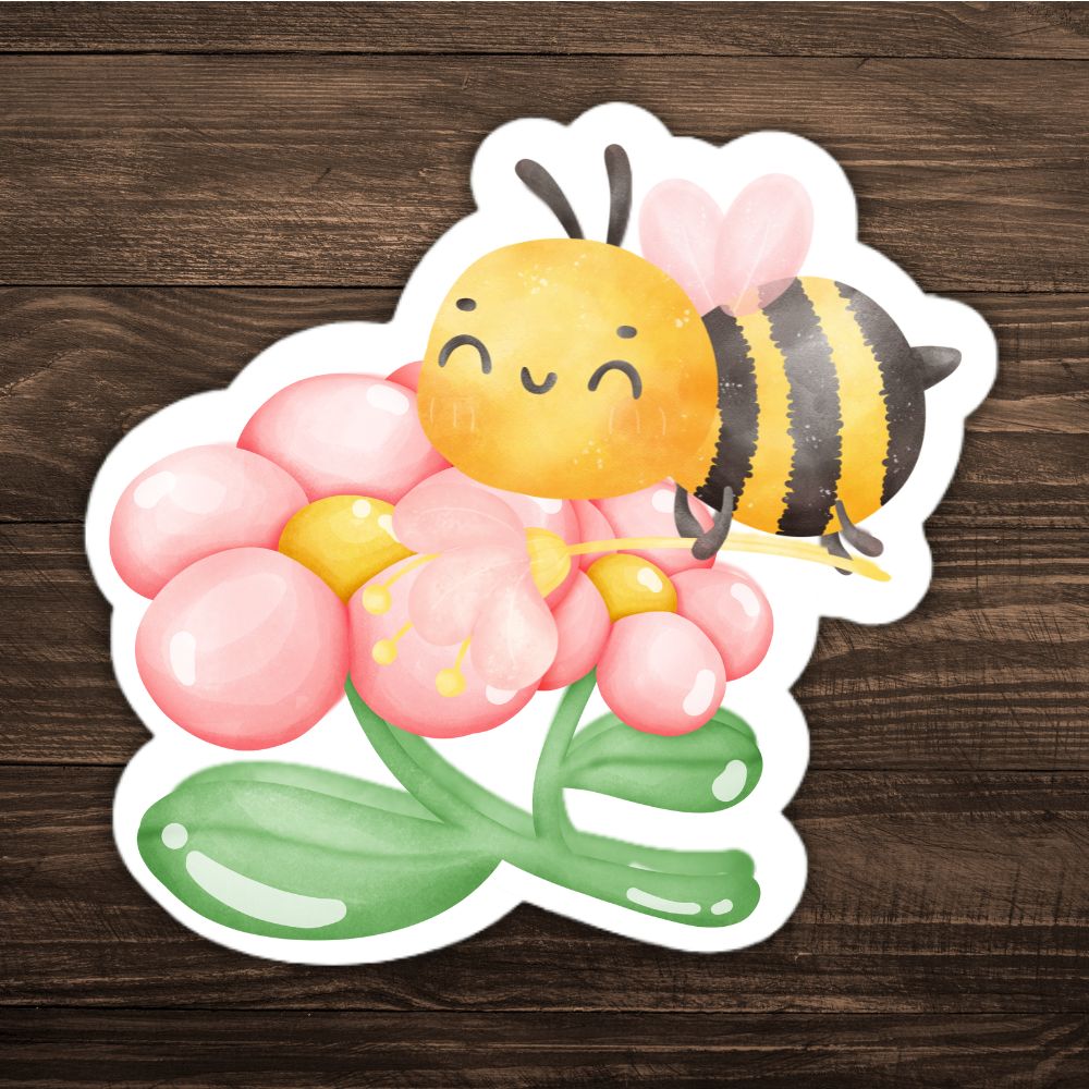 Cartoon bee on a pink flower with a wooden background. Flower Bee Sticker