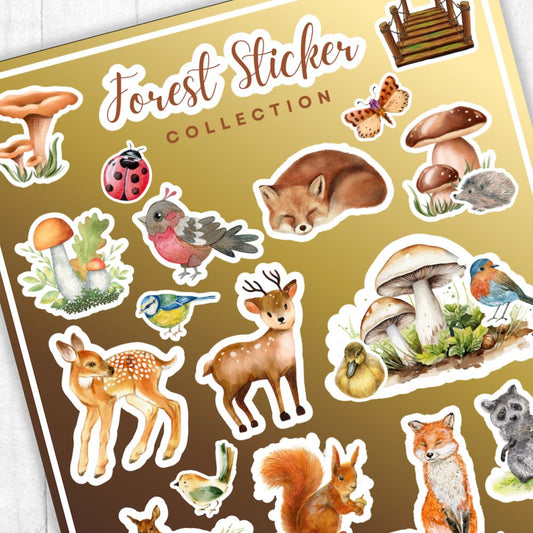 Forest sticker collection with animals and nature elements on a brown background. Forest Animals Sticker 