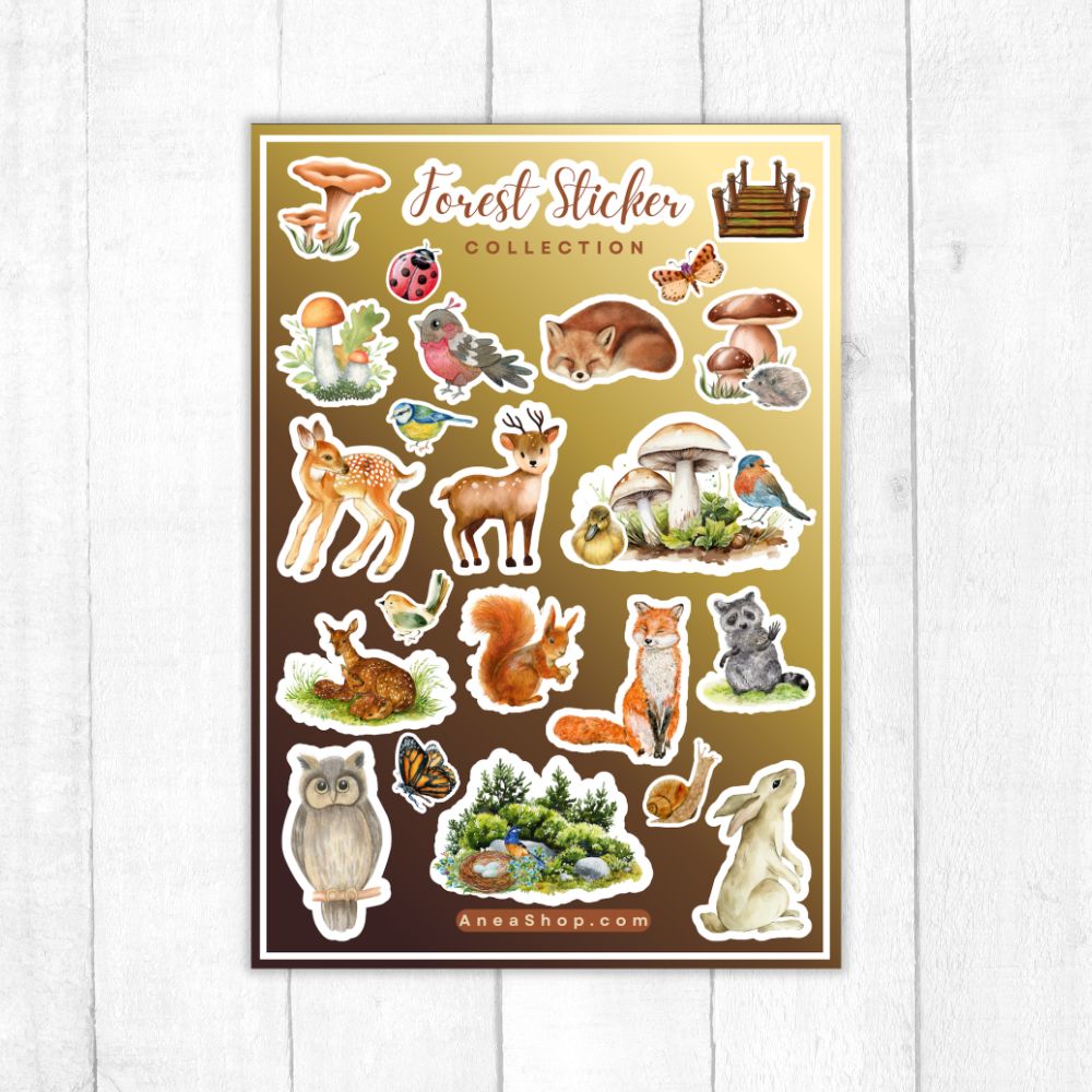 Forest sticker collection on a gold background with 'Forest Sticker Collection' text.Forest Animals Sticker birds