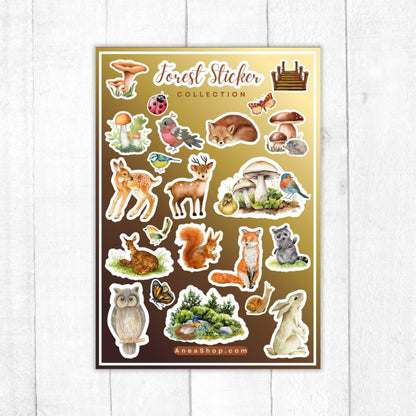 Forest sticker collection on a gold background with 'Forest Sticker Collection' text.Forest Animals Sticker birds