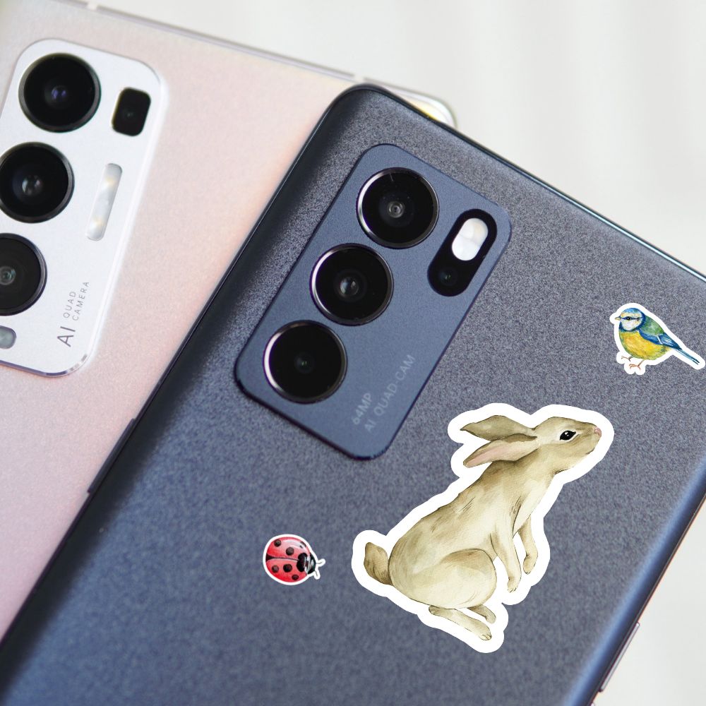 Phone case with stickers of a rabbit, ladybug, and bird on a white background. Forest Animals Sticker 