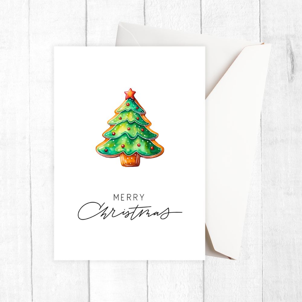 Christmas card with a tree-shaped cookie and 'Merry Christmas' text on a white background. GINGERBREAD TREE CHRISTMAS CARD
